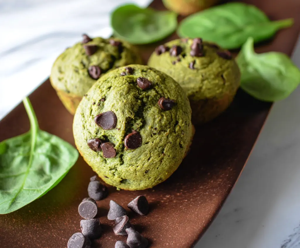 Healthy spinach chocolate chip protein muffins in a baking tray, perfect for a nutritious snack.