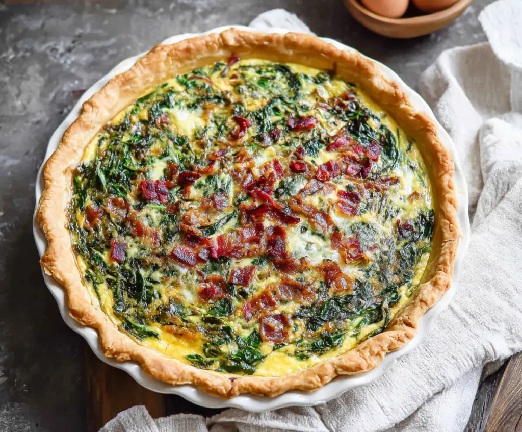 Delicious spinach quiche with crispy bacon slices in a pie crust, perfect for brunch.