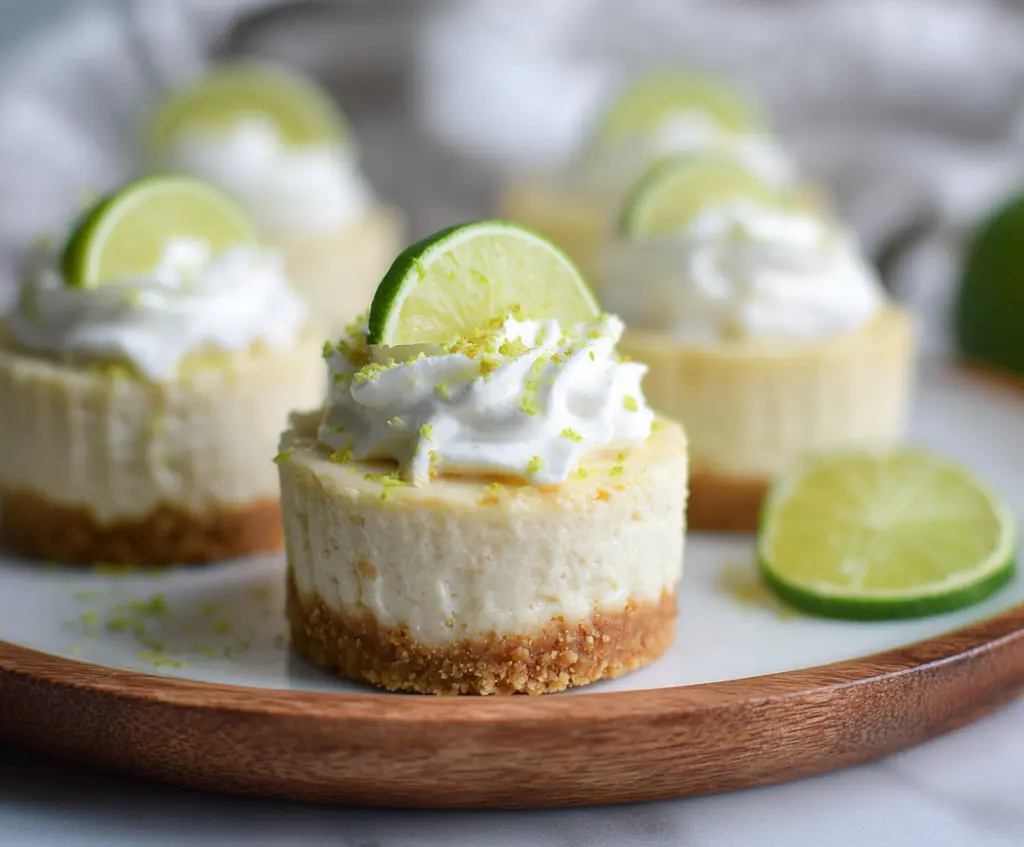 Delicious vegan mini key lime cheesecakes garnished with lime slices on a white plate.