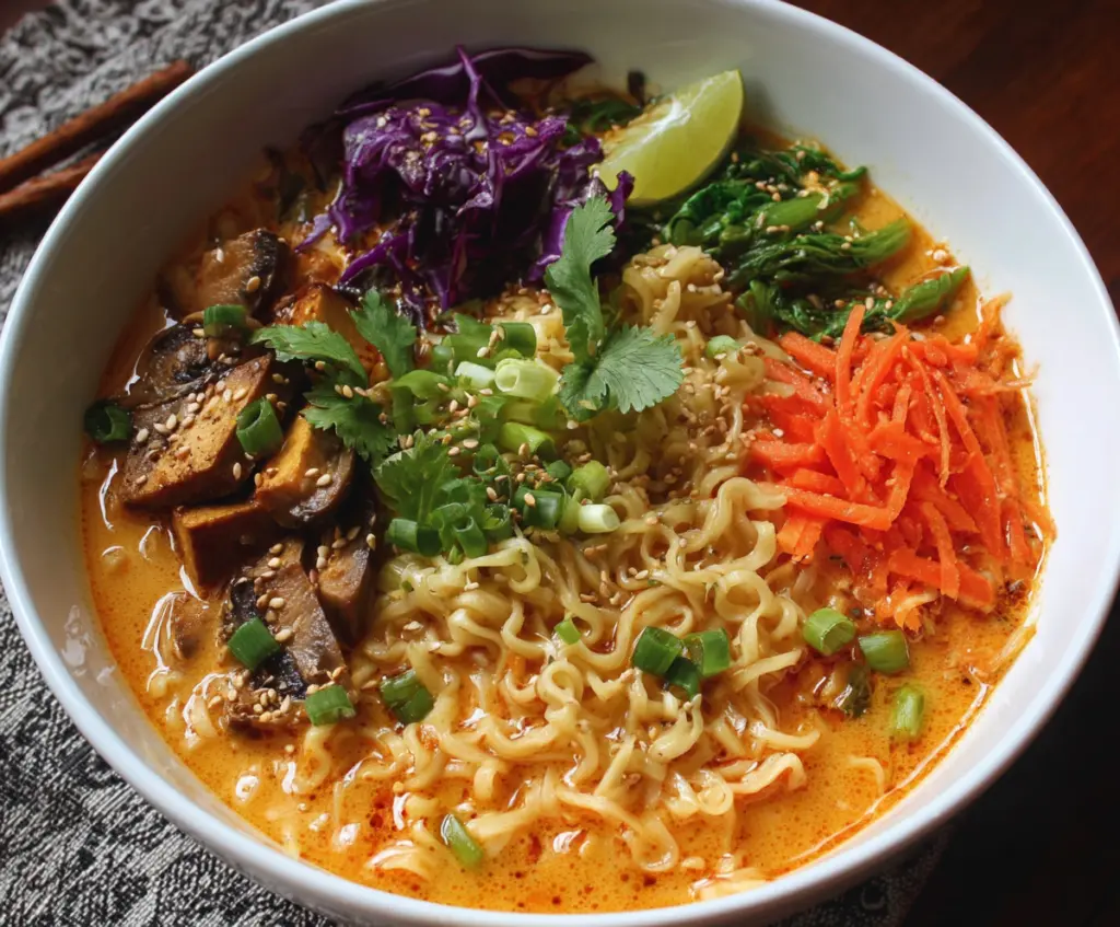 Delicious Vegan Thai Red Curry Ramen with colorful vegetables and fragrant broth on a bowl.