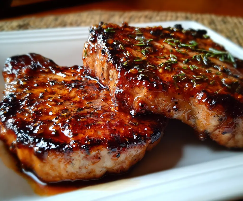 Juicy honey garlic pork chops served with fresh herbs on a white plate.