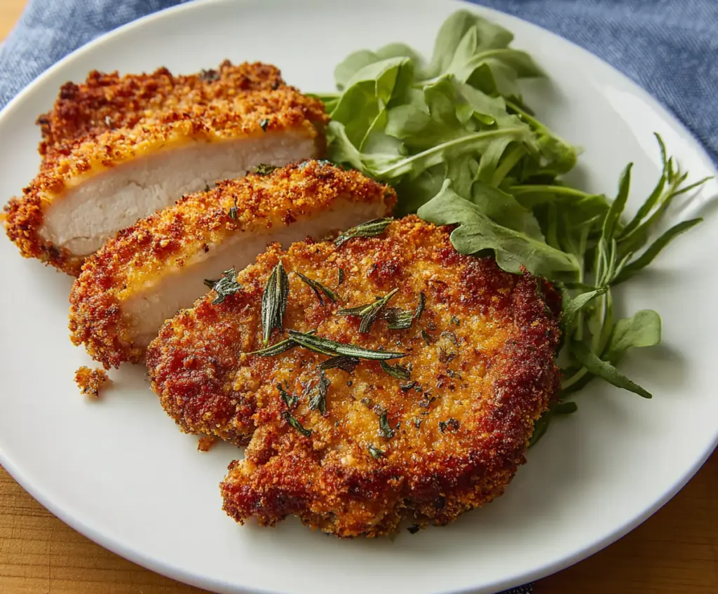 Crunchy breaded air fryer pork chops on a plate, golden brown and crispy