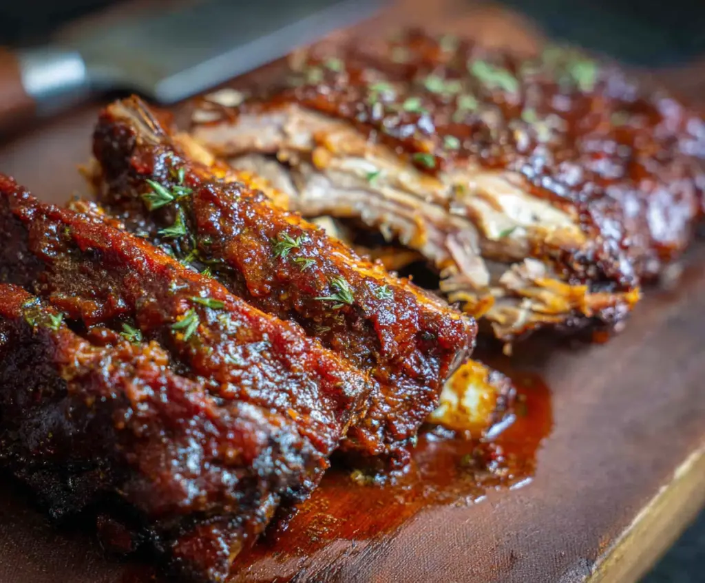 Juicy fall-off-the-bone ribs glazed with barbecue sauce on a rustic table.