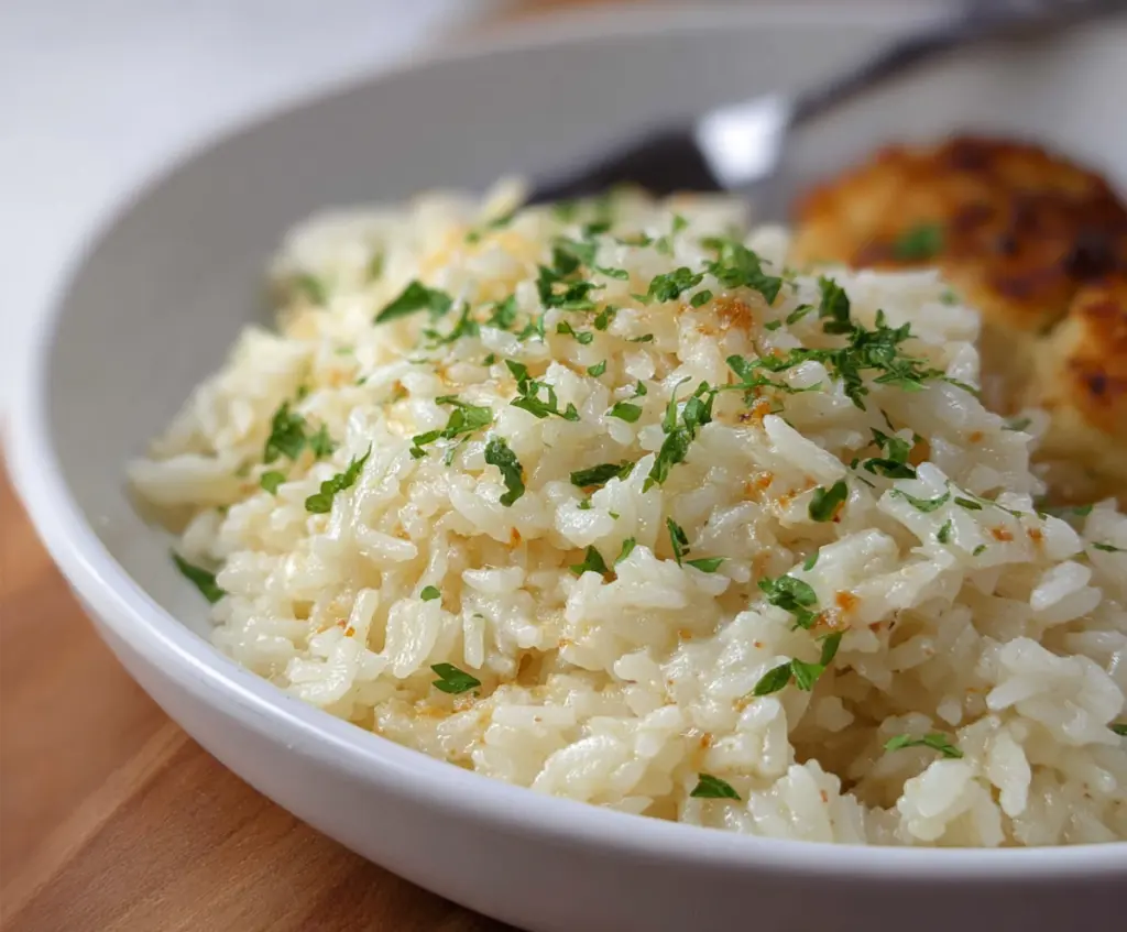 Delicious Garlic Parmesan Rice served in a bowl, garnished with fresh herbs.