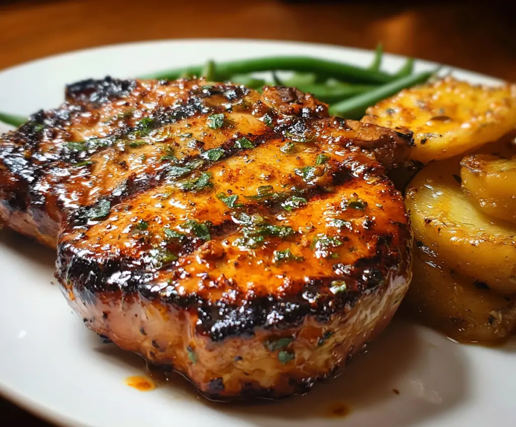 Juicy grilled brown sugar pork chops served on a plate with a side of vegetables.