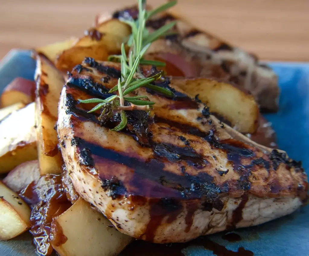 Delicious grilled pork chops served with balsamic caramelized pears on a rustic plate.
