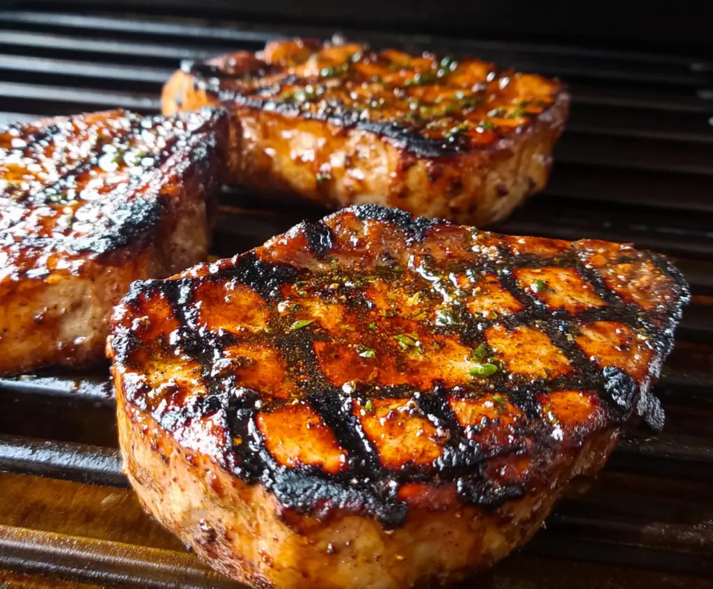 Juicy grilled pork loin chops garnished with herbs on a barbecue grill.