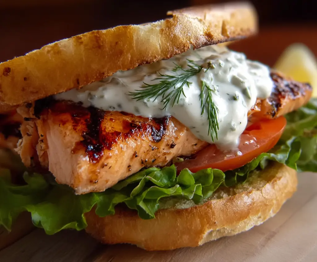 Delicious grilled salmon sandwich topped with fresh dill sauce on whole grain bread.