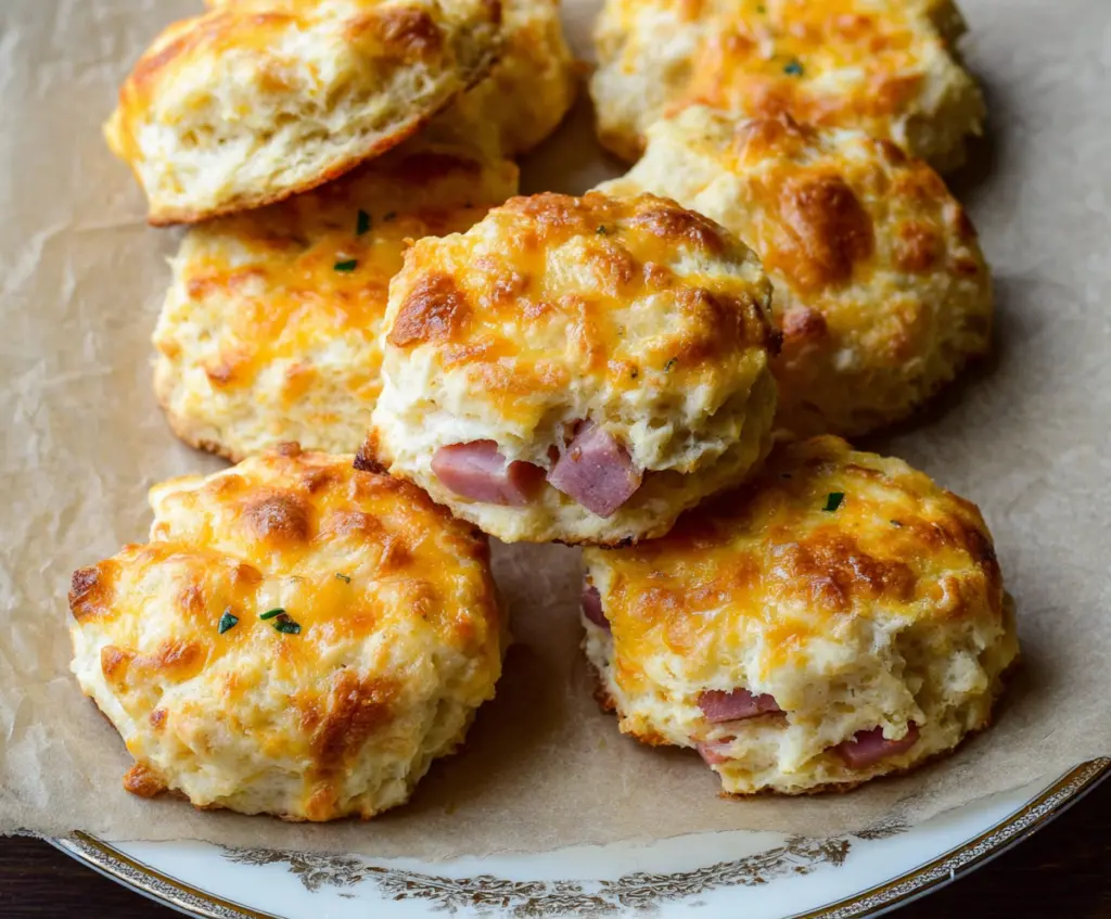 Delicious homemade Ham & Cheese Biscuits served fresh on a plate.