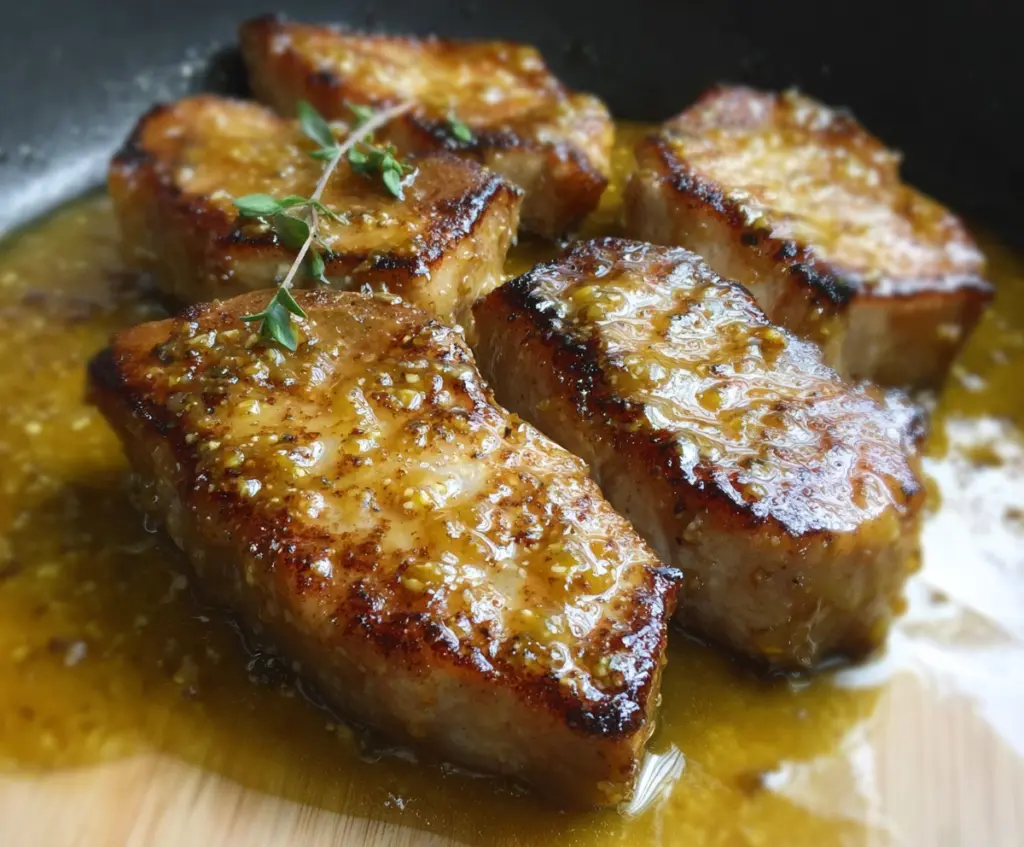 Juicy honey mustard glazed pork chops served with fresh herbs on a rustic plate