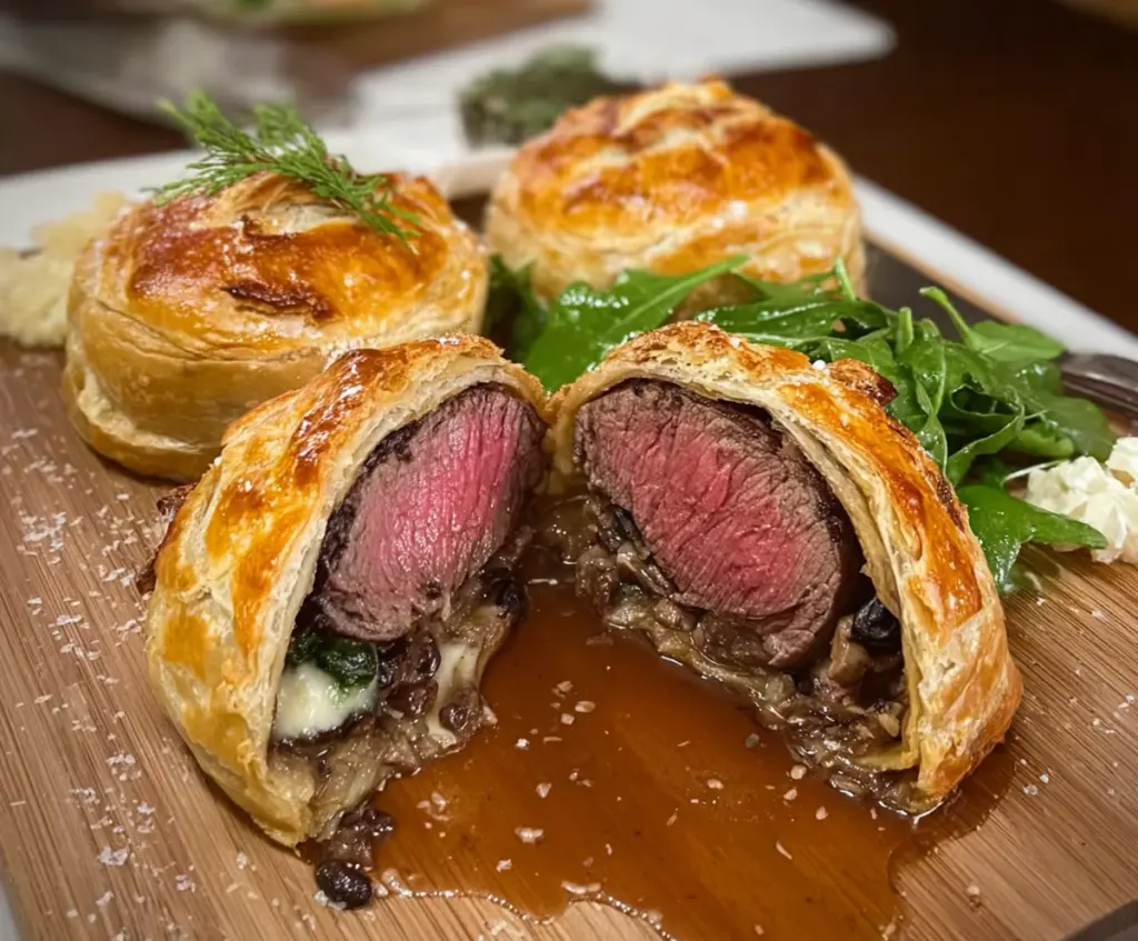 Delicious individual beef Wellingtons served on a plate, featuring tender beef fillet wrapped in flaky pastry with a golden crust.