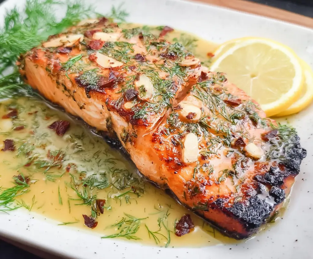 Delicious Lemon Dill Salmon topped with garlic, white wine, and butter sauce served on a plate.