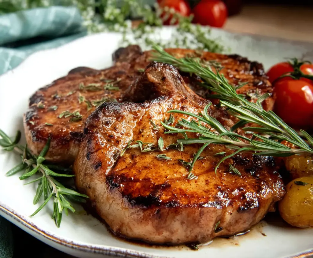 Juicy Modenese Pork Chops seasoned and cooked to perfection on a rustic plate.