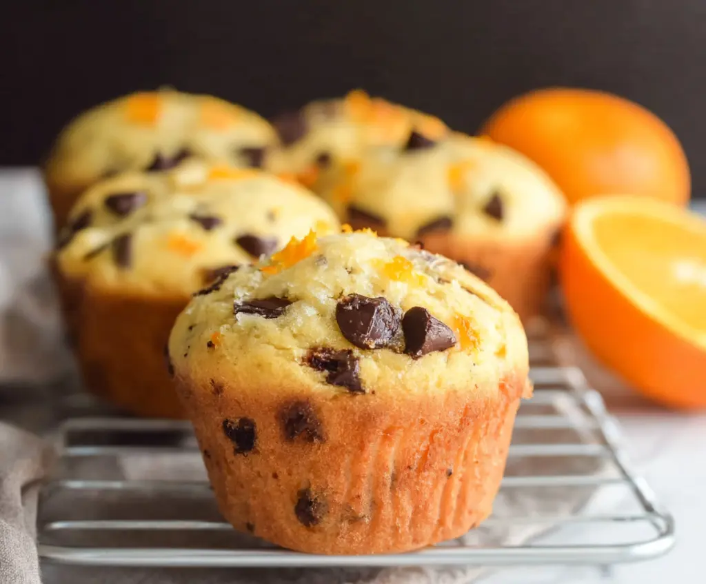 Delicious orange chocolate chip muffins fresh out of the oven, with vibrant orange zest and melting chocolate chips.