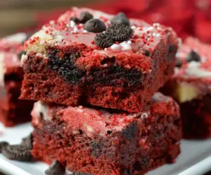 Delicious Oreo Red Velvet Brownies with a rich red color and creamy Oreo chunks