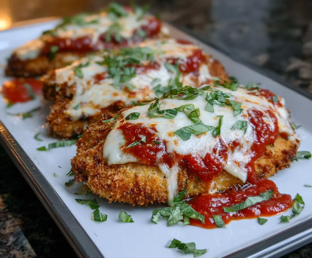Crispy Panko-breaded Pork Parmigiana served with marinara sauce and melted cheese.