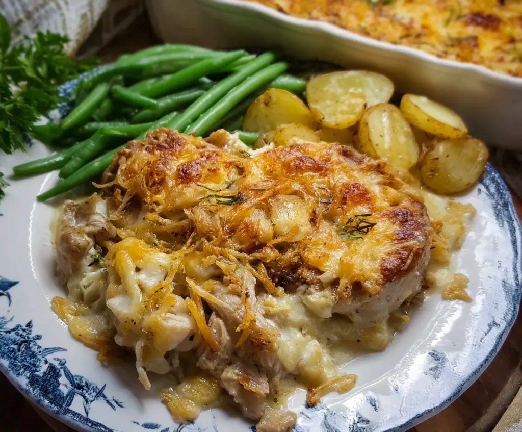 Delicious Pork Chop Potato Casserole topped with golden-brown crust and fresh herbs.