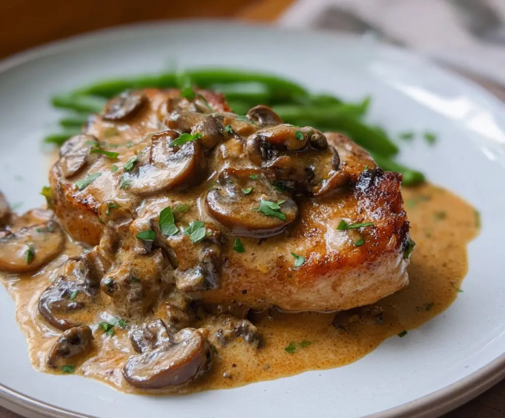 Juicy pork chops topped with a flavorful garlic mushroom sauce on a white plate.