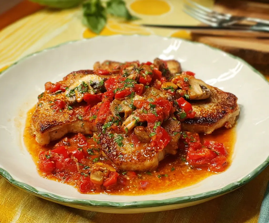 Succulent Pork Chops Italiano served with herbs and spices on a white plate