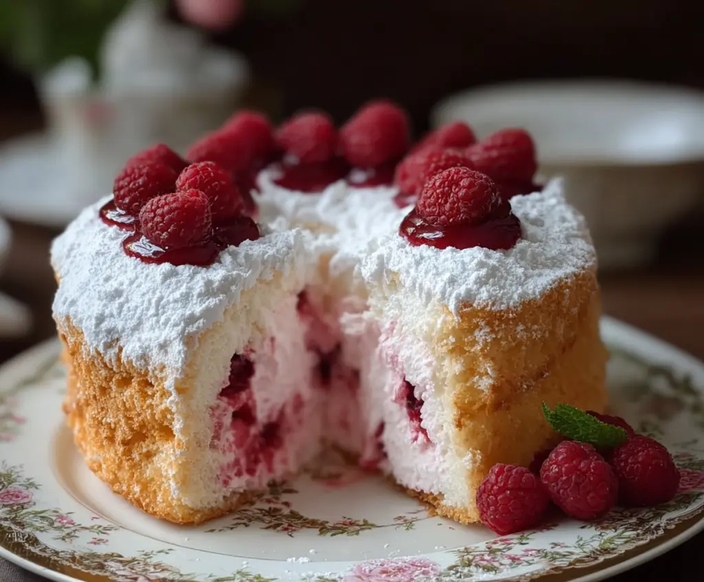 Delicious Raspberry Angel Food Cake topped with fresh raspberries and mint for a light dessert