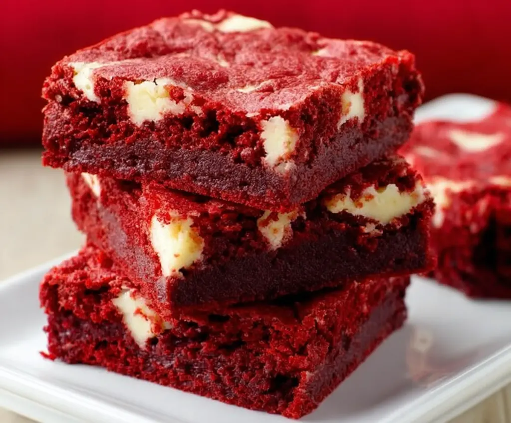 Delicious red velvet brownies topped with cream cheese frosting, perfect for dessert lovers.