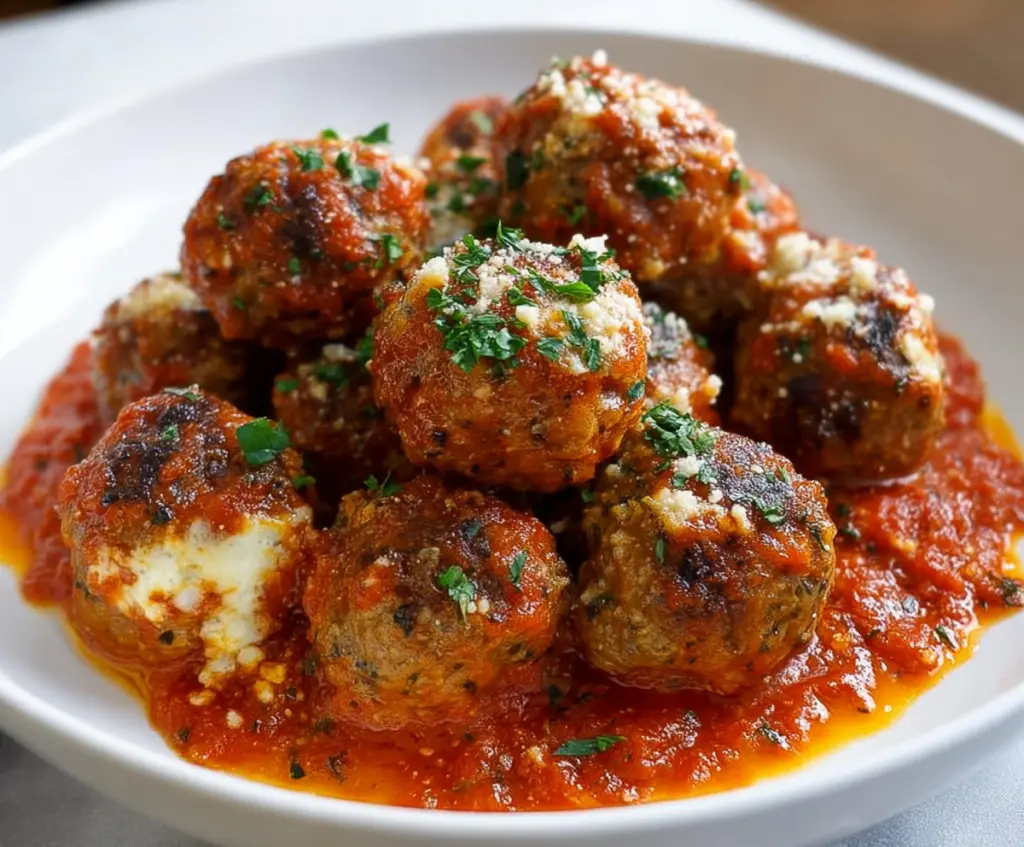 Delicious homemade ricotta meatballs baked to perfection, served with fresh herbs and marinara sauce.