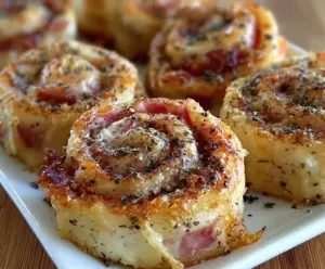 Delicious savory ham and cheese pinwheels fresh out of the oven, perfect for snacks or parties.