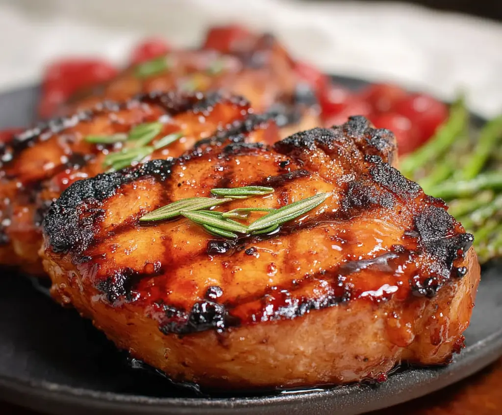 Juicy Southern Sweet Grilled Pork Chops glistening off the grill with caramelized edges and fresh herbs.