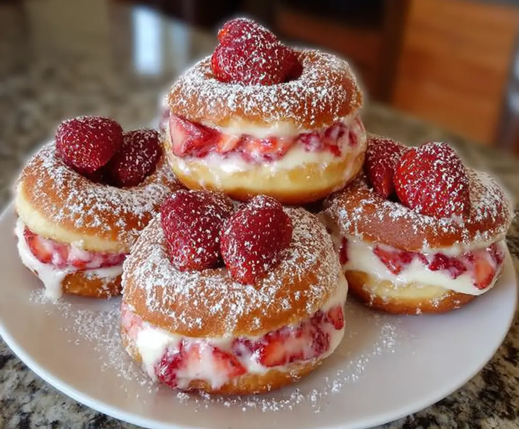 Delicious Strawberry Cheesecake Stuffed Donuts on a plate with fresh strawberries and powdered sugar