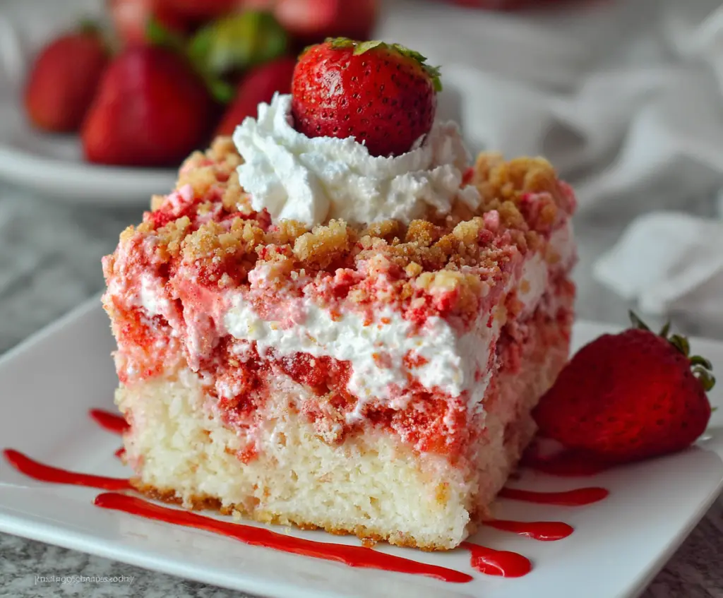 Delicious Strawberry Crunch Poke Cake with fresh strawberries and crunchy topping