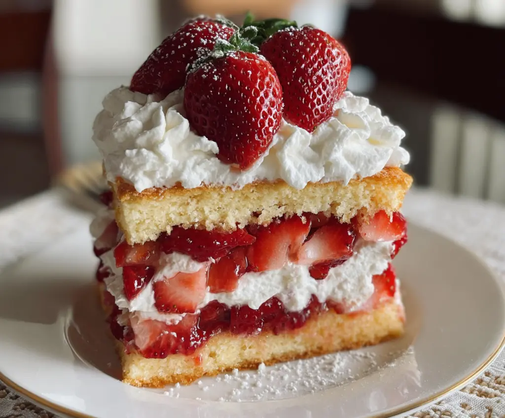 Delicious strawberry shortcake with fresh strawberries, whipped cream, and a sponge cake base.