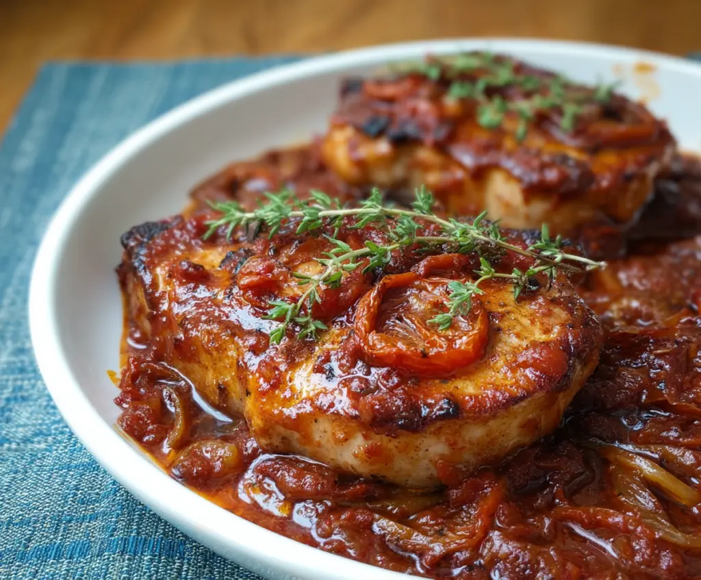 Juicy tomato-marinated pork loin chops served with fresh vegetables on a dinner plate.