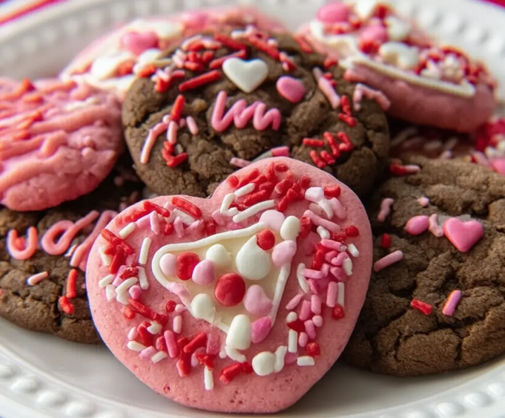 Decorative Valentine's Day cookies with red and pink icing for romantic celebrations