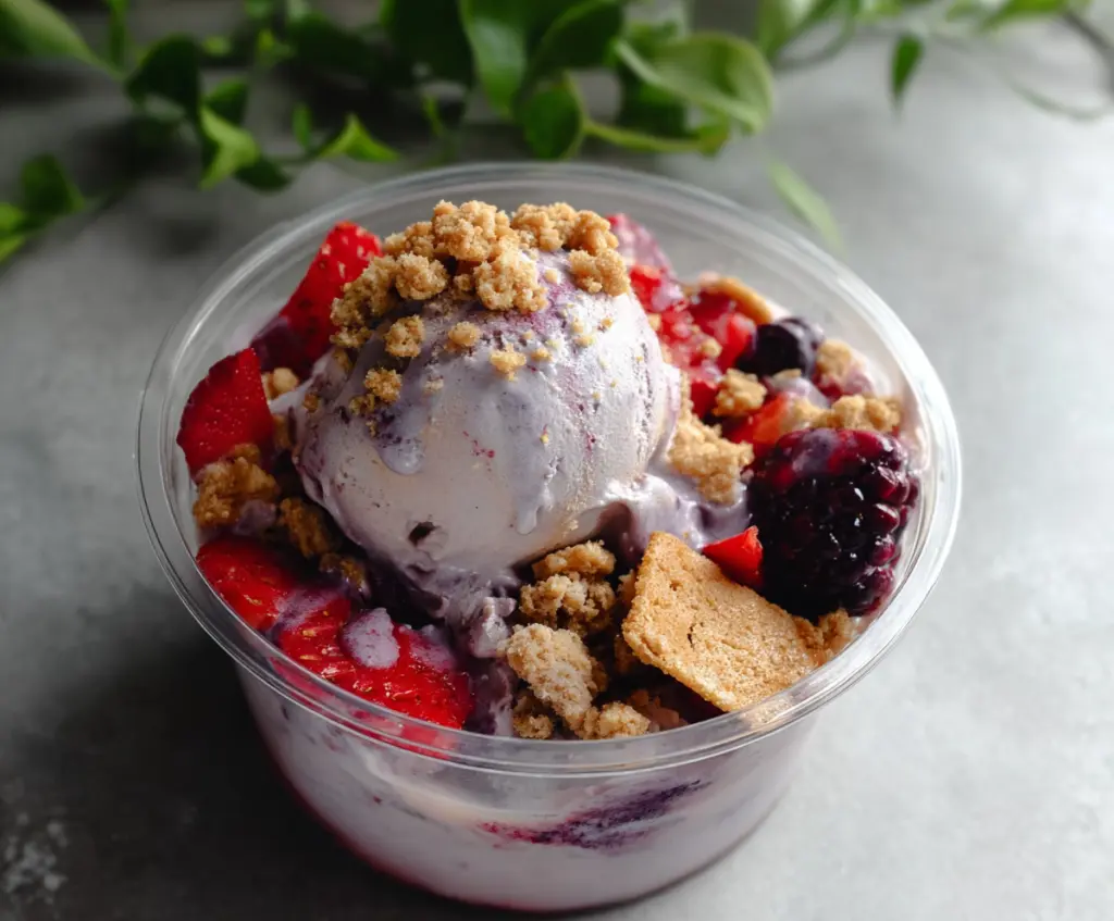 Delicious berry crumble ice cream with fresh mixed berries and crispy topping