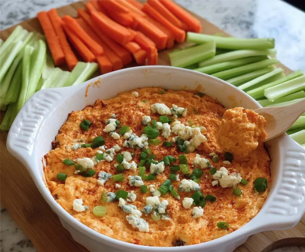 Creamy Buffalo Cauliflower Dip served with fresh vegetable sticks, perfect for appetizers or snacks.