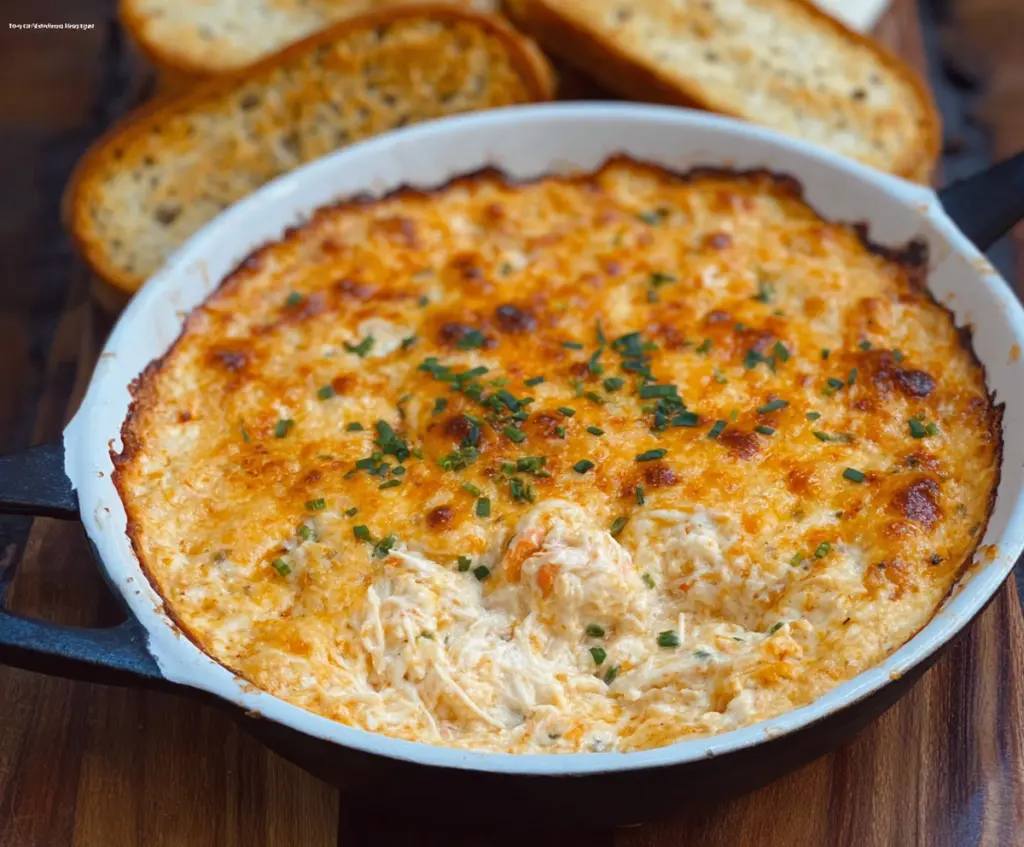 Delicious cheesy hot crab dip served in a bowl, perfect for parties and seafood lovers.