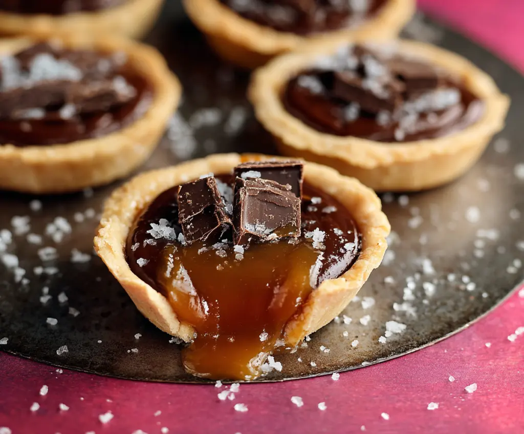 Delicious gluten-free dark chocolate caramel tart topped with rich, melted chocolate and caramel drizzle.