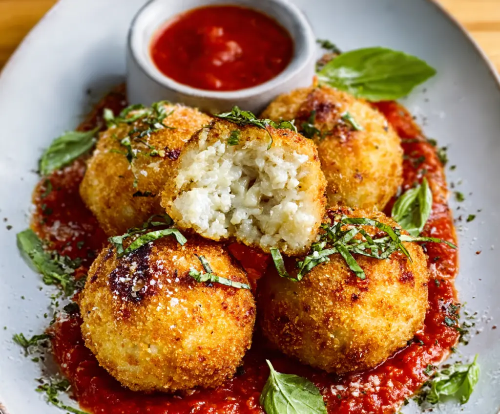 Delicious Italian rice balls filled with cheese and herbs, served on a white plate.