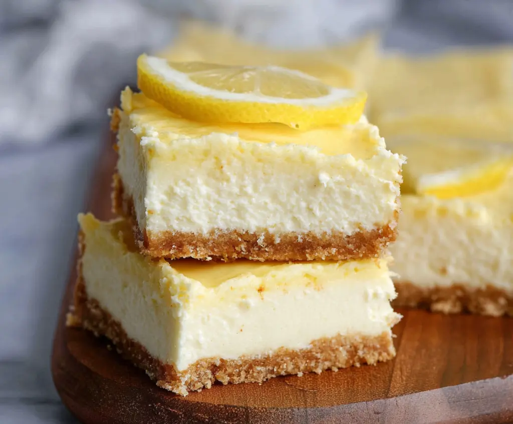 Delicious keto lemon cheesecake bars with a creamy lemon filling and a crunchy crust on a white plate.
