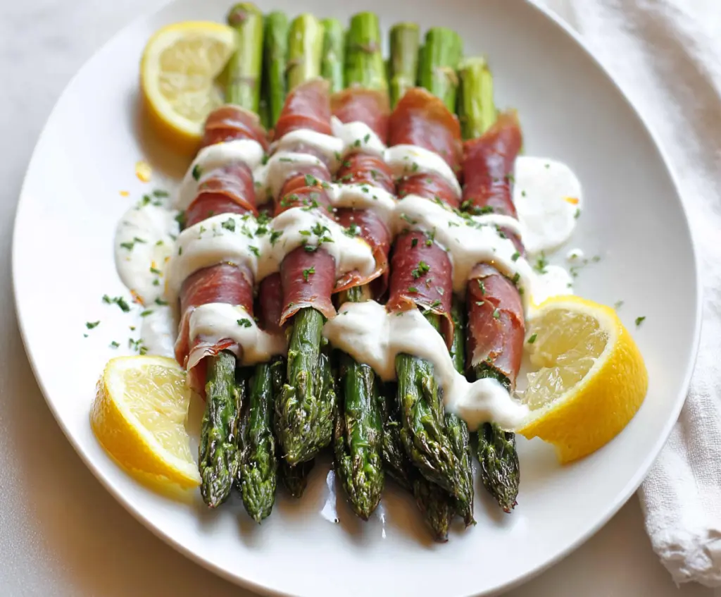 Delicious prosciutto-wrapped asparagus served with a tangy lemon cream sauce on a white plate.