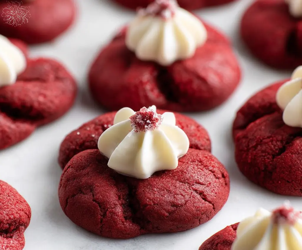 Delicious Red Velvet Blossom Cookies topped with colors of red, white, and pink frosting.