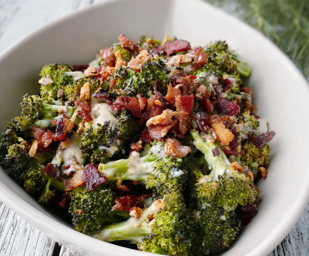 Delicious roasted broccoli bacon crunch salad served in a bowl, highlighting fresh vegetables and crispy bacon pieces.