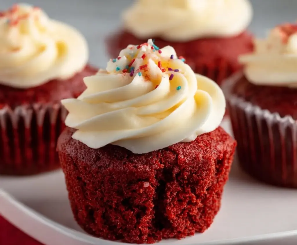 Delicious small batch red velvet cupcakes with cream cheese frosting on a white plate