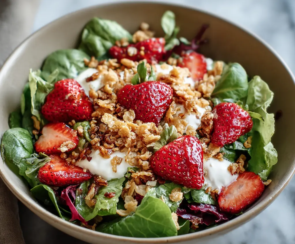 Fresh strawberry crunch salad with mixed greens and crunchy toppings for a delicious dessert or appetizer.