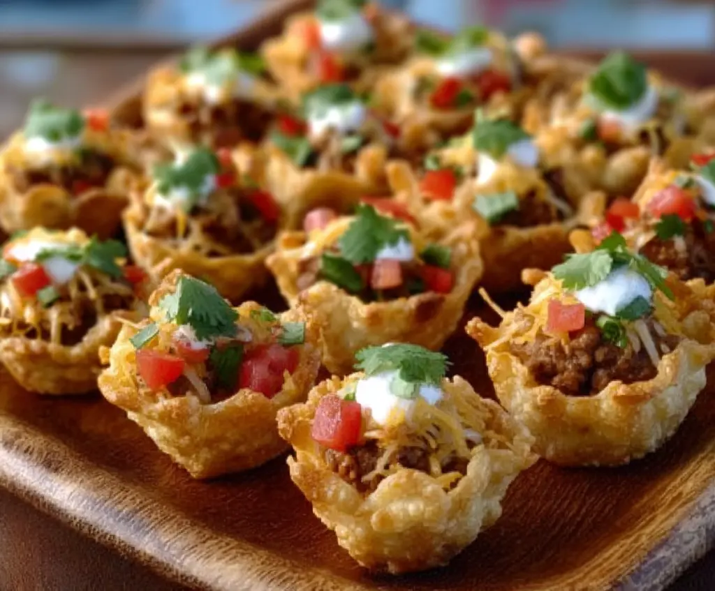 Delicious Taco Ranch Bites on a plate with fresh toppings and melted cheese.