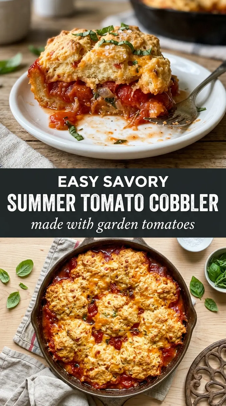 Tomato Cobbler with Pimento Cheese Biscuits, rustic savory, bubbling tomatoes