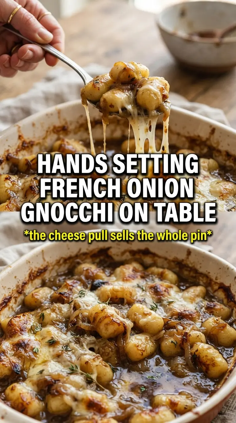 Baked French Onion Gnocchi with Gruyere, caramelized, bubbly