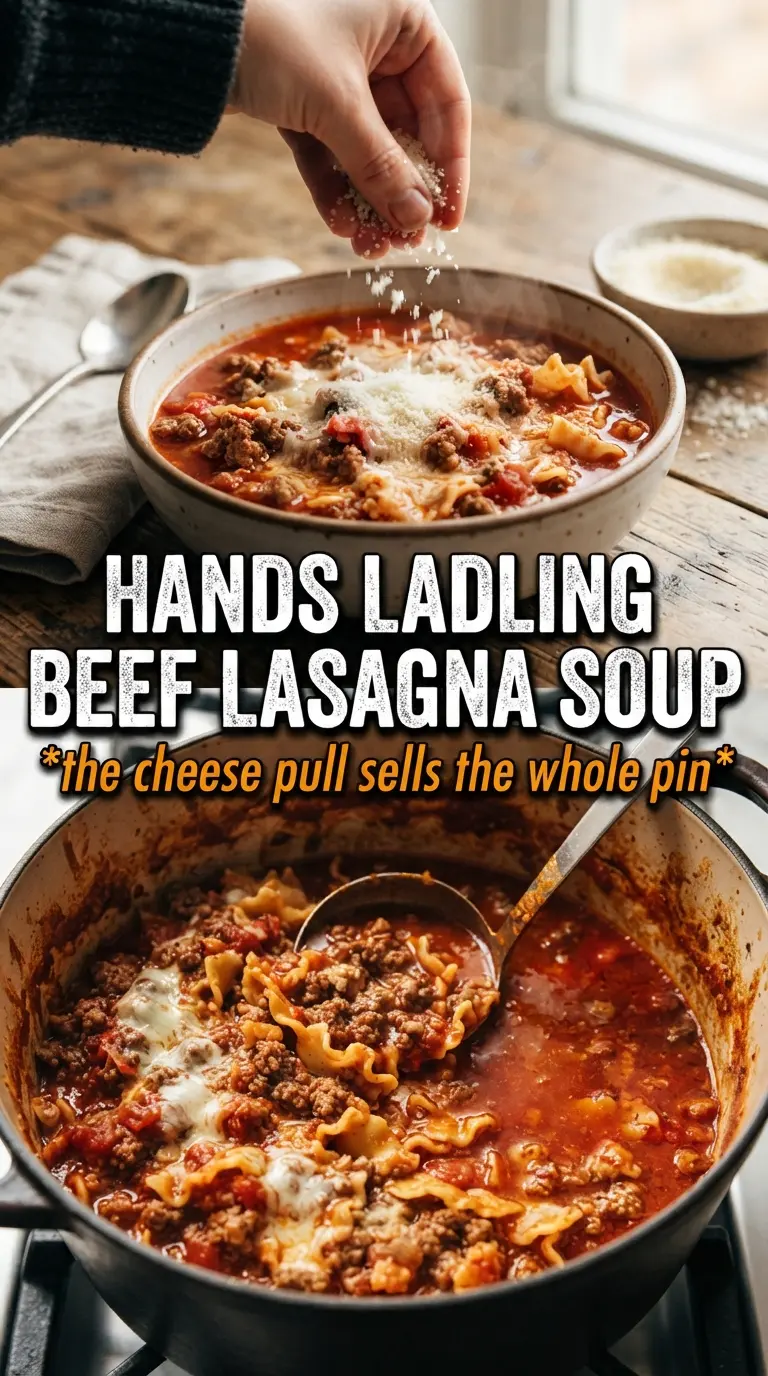 Beef Lasagna Soup rich tomato broth, cheesy, hearty