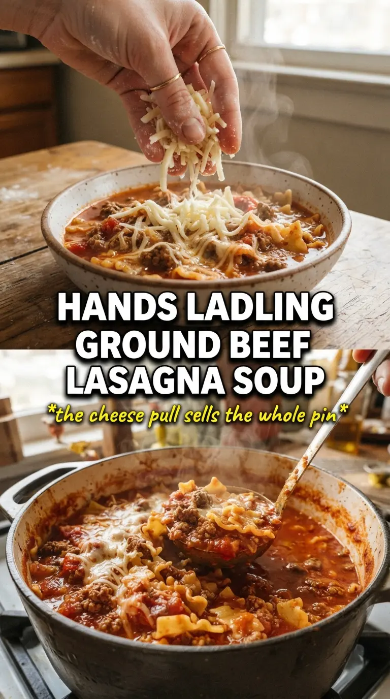 Cheesy Ground Beef Lasagna Soup rich tomato broth, melted cheese, broken noodles