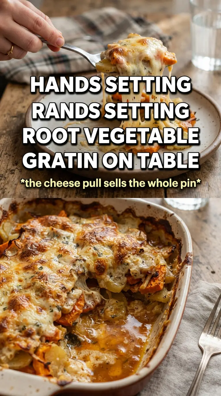 Cheesy Root Vegetable Gratin golden bubbling layered
